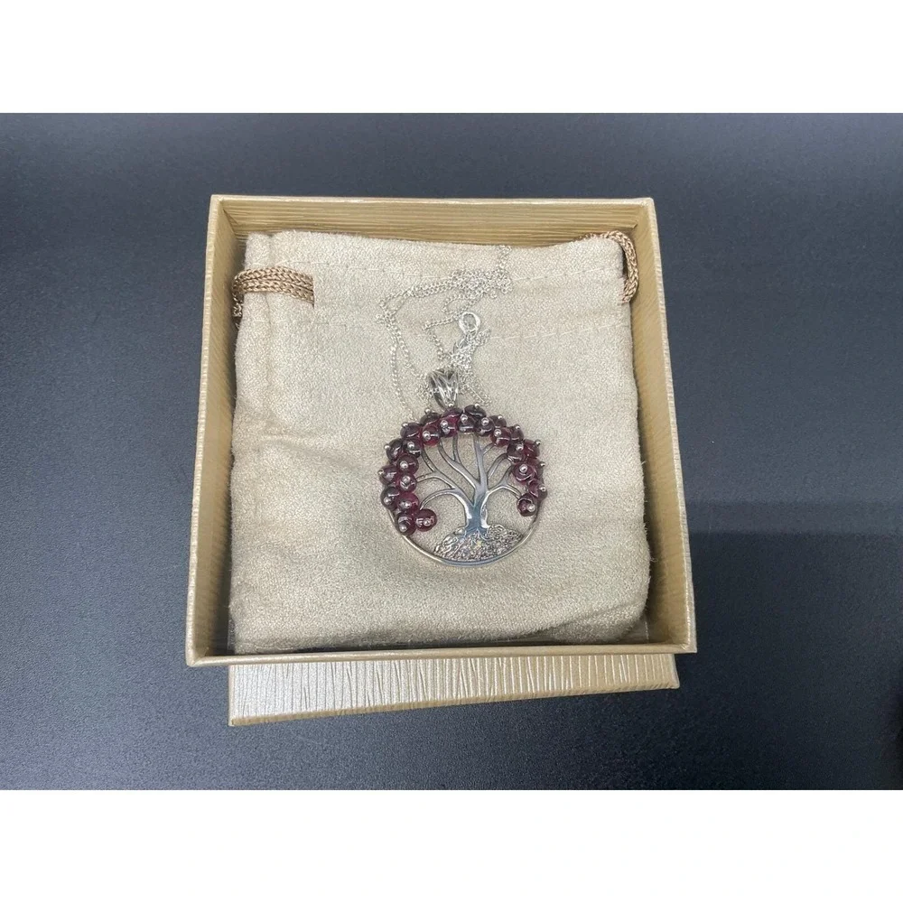 Sterling‎ Silver Garnet Tree Of Life Pendant Necklace 19